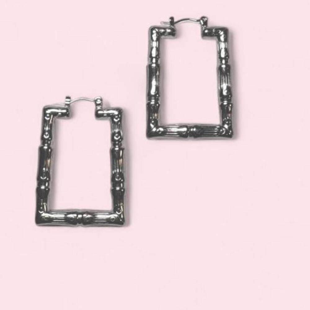 Stainless steel rectangular bamboo-inspired hoop earrings coastal minimalist y2k
